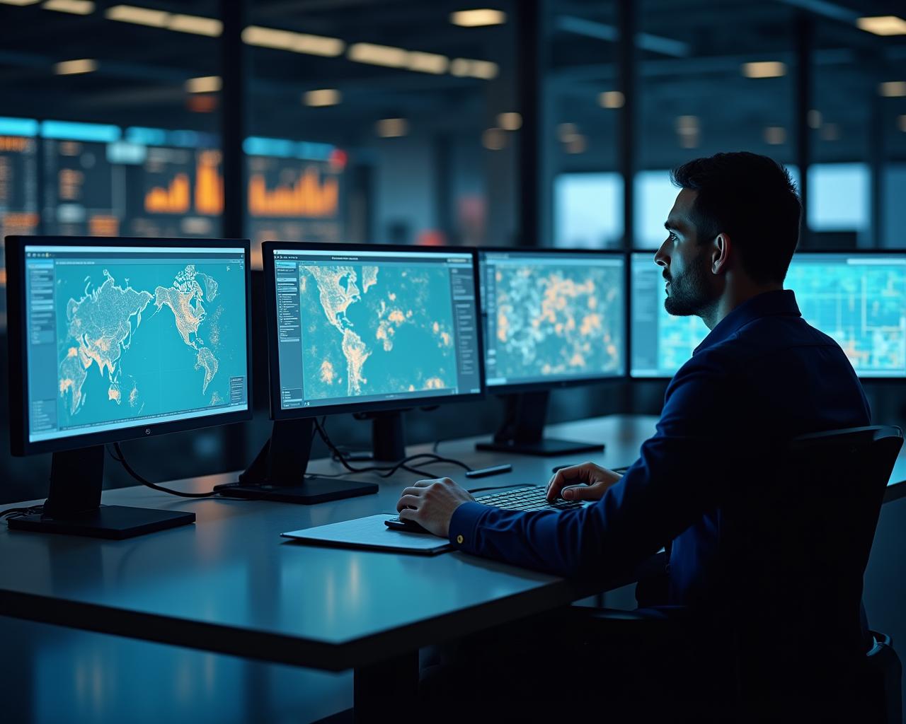 Logistics professional coordinating truck movements from a high-tech dispatch center